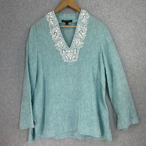Lafayette 148 New York‎ Size 4 Blue Beaded Linen Top Long Sleeve V-Neck Blouse